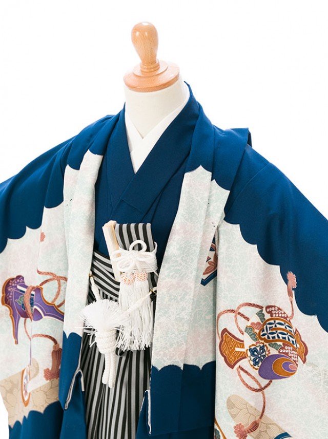 着物 3歳 紺羽織に縞袴 七五三着物レンタルフルセット(ブルー系 )|男の子(三歳・袴)