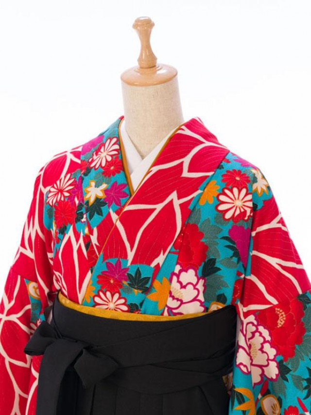 花の中に牡丹菊桜柄の卒業式袴フルセット(赤系)|卒業袴(普通サイズ)