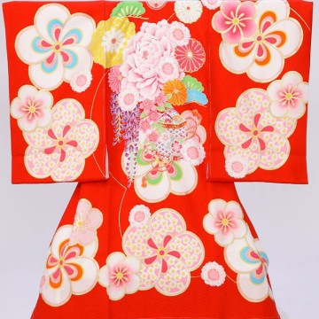 	【ジャパンスタイル】古典　梅　牡丹柄のお宮参り着物フルセット(赤系)|女の子