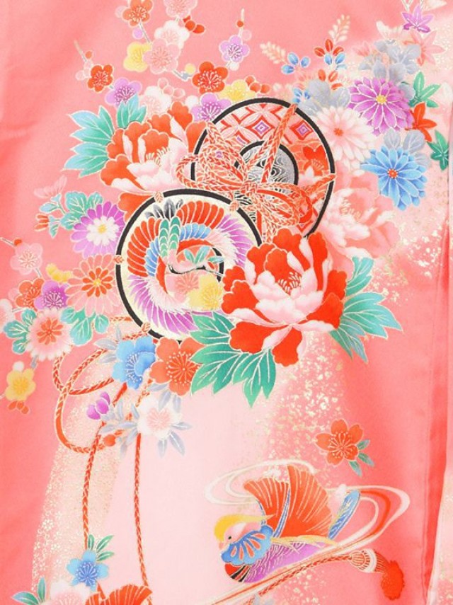 鼓　御所車　扇面に彩花柄のお宮参り着物フルセット(ピンク系)|女の子