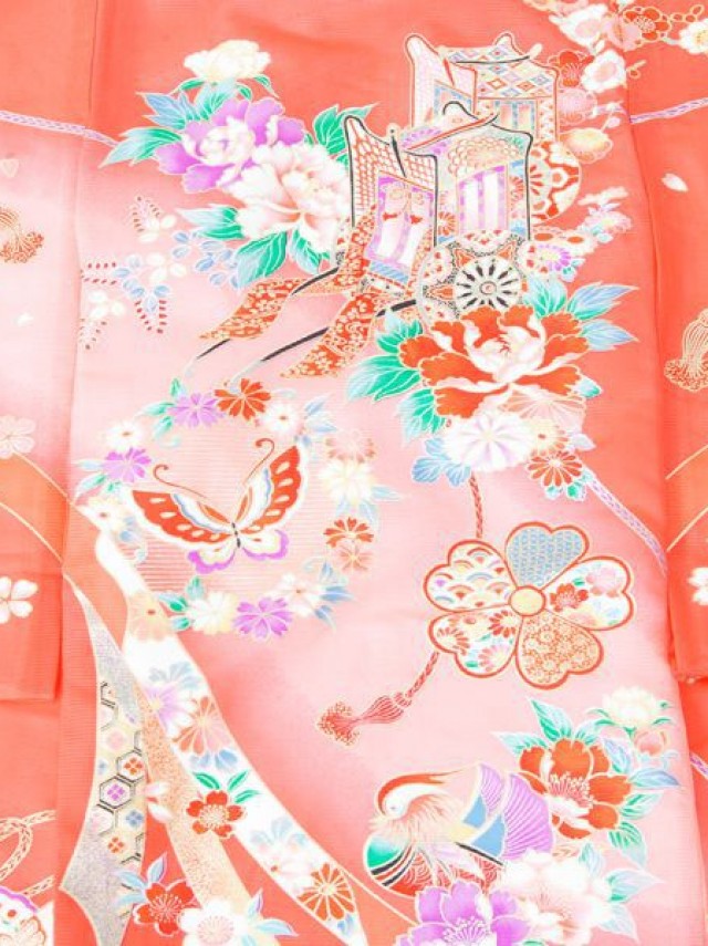 【絽】【夏用】御所車　熨斗に彩花柄のお宮参り着物フルセット(ピンク系)|女の子