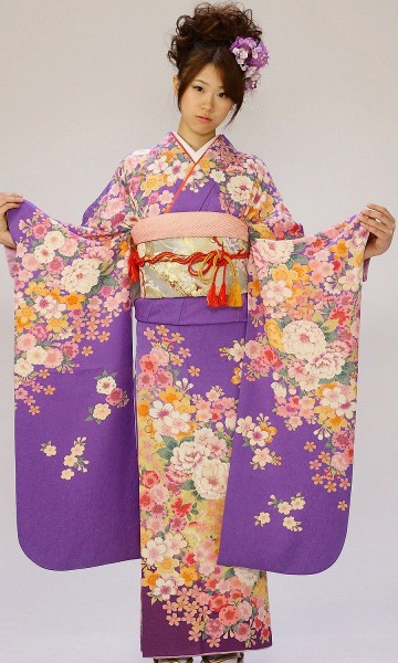 満開に咲く桜と牡丹　柄の振袖フルセット(紫系)|普通サイズ【1月】