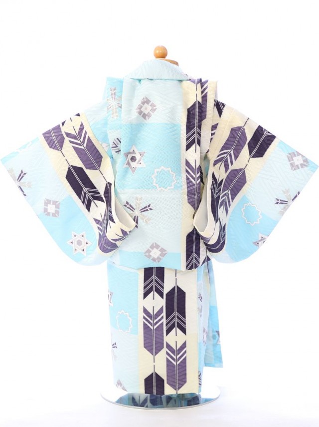 市松に矢羽根柄の赤ちゃん着物(被布)フルセット(水色系)|男の子0〜2歳